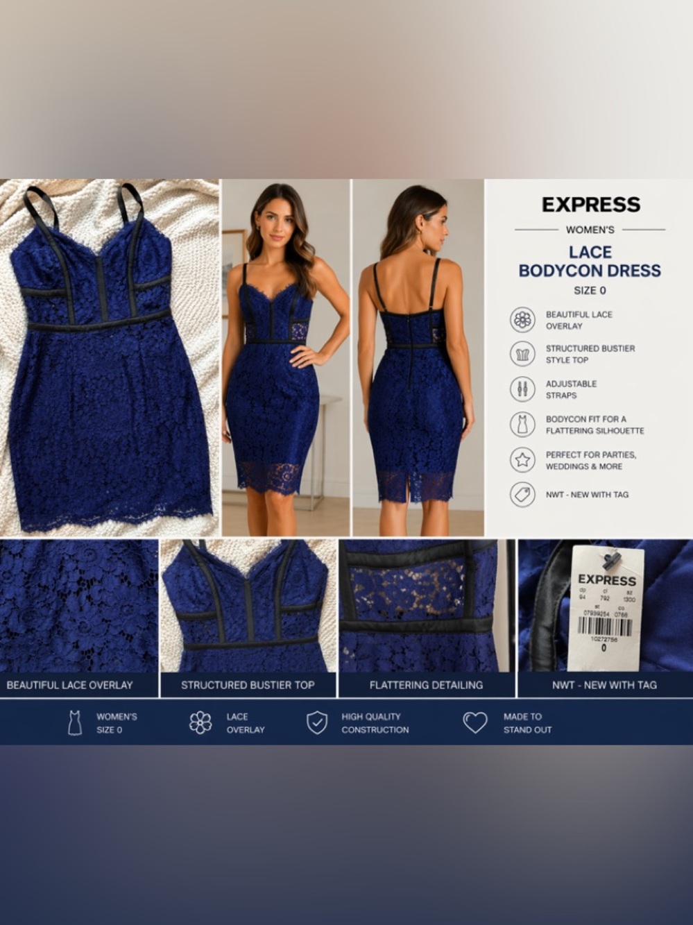 Express Lace Bodycon Dress Sz 0 | Bustier Cocktail Wedding Guest Date Night NWT